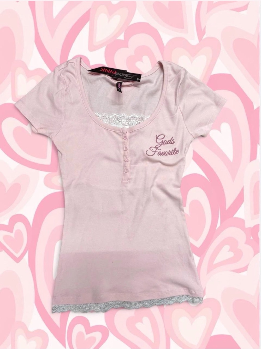 Flirty Pink Y2K “God’s Favorite” Lace Henley Top NWT
